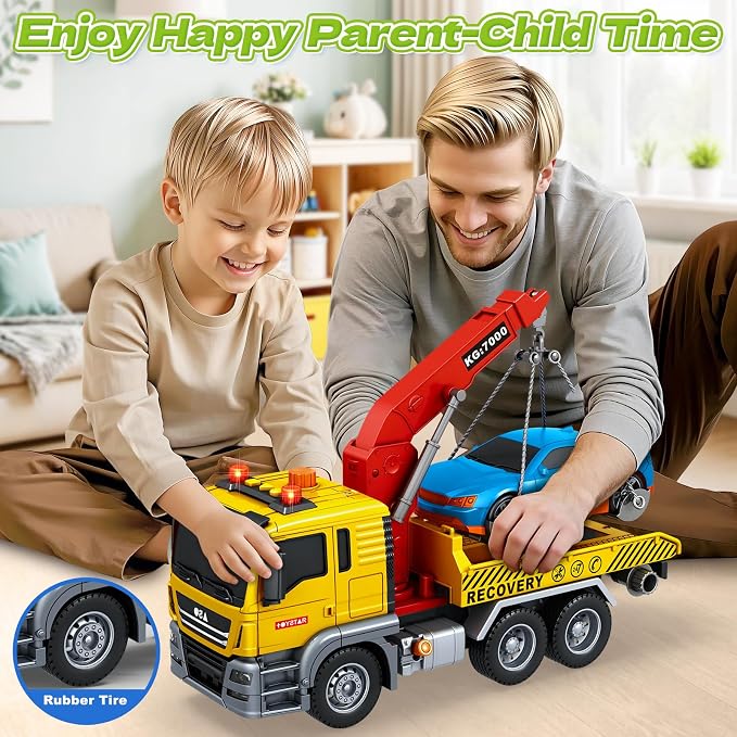 SpringFlower Tow Truck Toy, 3 4 5 6 Years Old Boy Toddlers Truck Vehicle, 12" Large Tow Toy with Racing Car Light Sound, Birthday Gifts for 3 4 5 6 Boys & Girls
