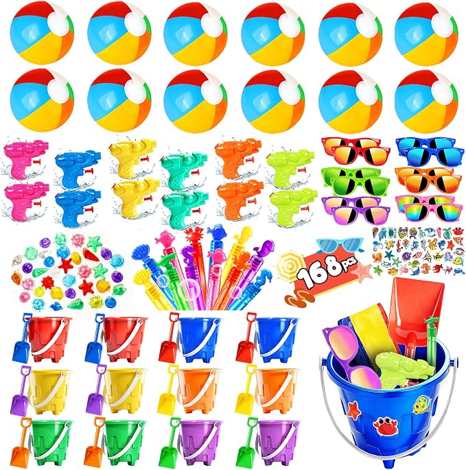 Pool Party Favors and Beach Party Favors 168pcs Summer Pool Toys for Party,Kids Ages 4-8 8-12, Including 12 Castle Mold Buckets, 12 Shovels,Beach Balls, Sunglasses, Bubble Wands