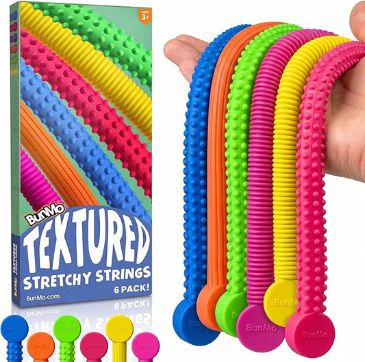 BUNMO Stretchy Strings - Sensory Toys - Stimulating & Fun Sensory Toys for Kids - Fidget Toy - Hours of Fun for Kids - Non-Mouthable Toy 3+ - Textured 6 Pack