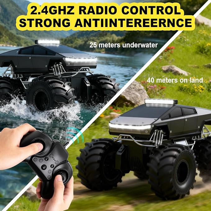Cokzer Remote Control Car, 1:18 Amphibious RC Cars, 4WD All Terrain Off-Road Pickup, 2.4GHz Waterproof Cyber Truck, 360° Rotatable Monster Truck Toys for Boys Christmas Birthday Gifts Age 6+ (Grey)
