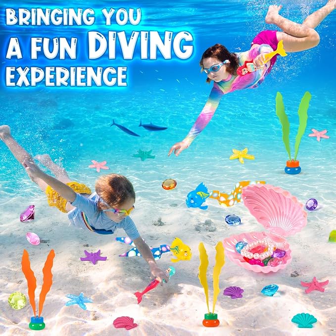 HUUIDY Pool Toys, 31Pcs Mermaid Toys Diving Toys with Shell Treasure Chests and Storage Bag, Swimming Pool Games Summer Water Toy Gift Set for Kids Toddlers Girls Boys