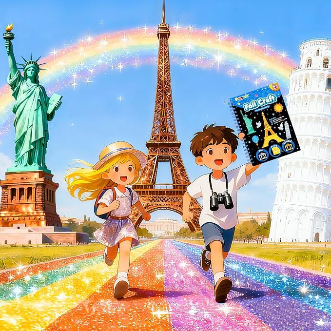 FUNNYB&G Foil Art Craft Kit for Kids 4-10 Years Old: Mess-Free & No-Glue, Create 16 Sparkly Famous Building Pictures – Perfect Travel Toy & Birthday Gift for Kids (Buildings)