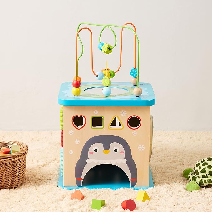 Amazon Basics Kids Wooden Activity Cube, Educational Learning Toy with Bead Maze and Shape Sorter, Developmental Fine Motor Skills, Gift for Toddlers Age 12M+, Multicolor, 13.4x22.5x13.4inches
