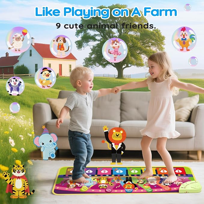 MOMUSE Music Piano Mat 5-Language (EN/DE/FR/IT/ES) for 3 4 Year Old Boys Girls, Multilingual Education Baby Toy with 9 Animals & Recording, Portable Toddler Infant Kids 3+ Christmas Birthday Gifts
