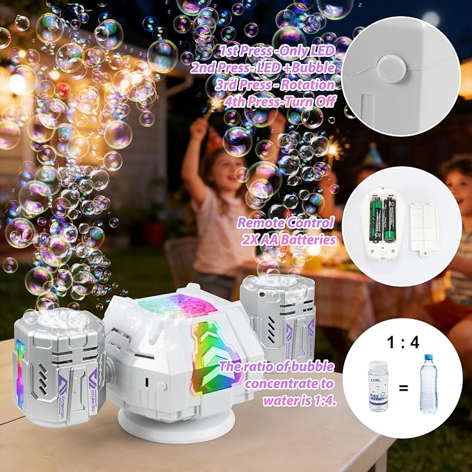 New RC Bubble Machine with RGB Lights, 360° Auto Rotation Bubbles Toy, Rechargeable Battery, Bubble Blower Maker for Kids, Parties, Birthday Gift, Weddings, Indoor Outdoor Activity, Silver-Purple
