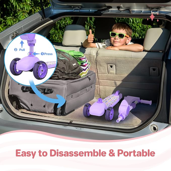 TONBUX Kids Scooter with Seat, 3 Wheels Scooter with PU Luminous Wheels, Non-Slip Handle and Wide Deck, Sensitive Brakes, 4-Level Adjustable Height, Scooters for Kids 2–8 Years