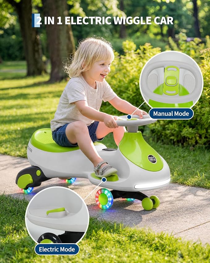12V Electric Wiggle Car for Kids 2-in-1 Swing Car 360 Steering Pedal Ride | PP Plastic Body,Indoor Outdoor Play,Kids Activity Toy,Preschool Riding Fun,Low Gravity Design,Family Entertainment