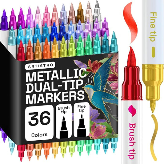 ARTISTRO 36 Metallic Acrylic Paint Markers - Paint Pens for Drawing - For Fabric, Rock, Glass, Wood, Molds - Arts & Crafts Gift for Adults, Teens, Kids, Classroom Must Haves & School Supplies
