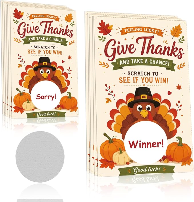 50PCS Thanksgiving Scratch Off Game Cards, Thanksgiving Games for Family Party Group Activities, Fall Festival Raffle Card Thanksgiving Activity for Groups Adults-A03
