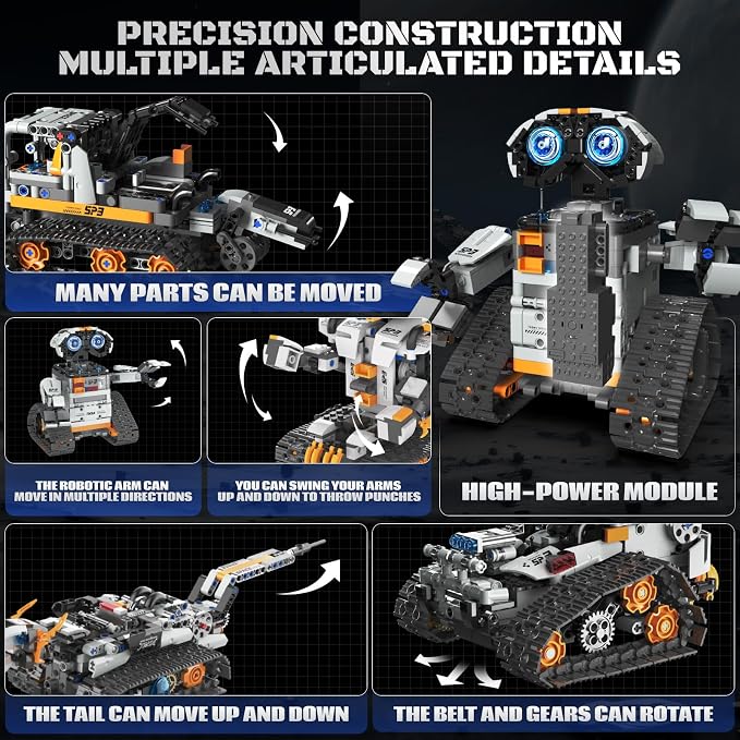 HPROMOT 5-in-1 STEM Coding Robot Building Kit, 688 Pcs APP & Remote Control Programmable Tracked Blocks, Screen Free Engineering Toy, Holiday Birthday Gift for Kids Boys Girls Ages 8–16