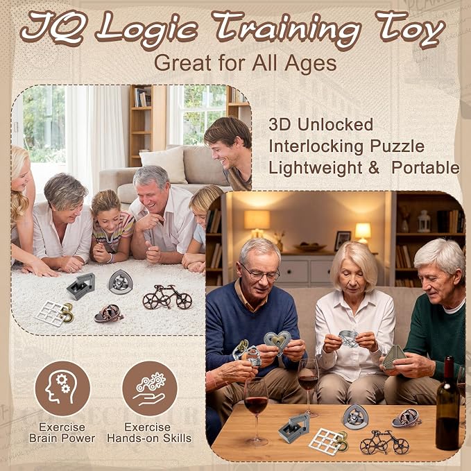 Wettarn 9 Pcs Metal Brain Teaser Puzzles 3D Steel Puzzle Set for Adults IQ Logic Challenge Disentanglement Unlock Interlocking Games Smart Logic Test Toys for Adults Mind Challenge(Charming Style)