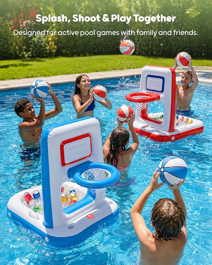 QPAU Pool Basketball Hoop with Built-in Cooler, 42" Poolside & Floating Inflatable Basketball Hoop for Family Pool Party — Swimming Pool Games for Kids & Adults, Includes 2 Balls & Pumps