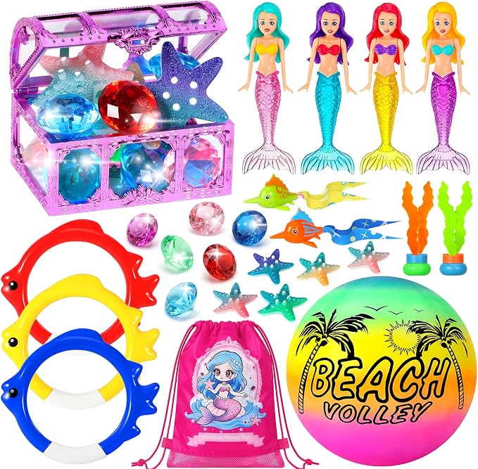 DRAMATION 25 Pcs Pool Diving Toys for Kids Ages 3-12, Mermaid Dive Pool Toys with Diving Gems and Treasure Chest, Diving Rings, Storage Bag, Summer Beach Swim Water Sinking Toys for Boys Girls 3-5 4-8
