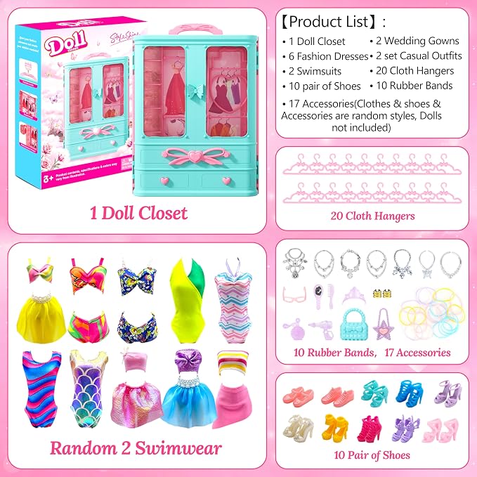 Style Shine 70 Pcs Doll Closet with Clothes & Accessories Set,2 Wedding Gowns 6 Fashion Dresses 2 Casual Outfits 2 Swimsuit 10 Shoes 20 Hanger 27 Accessories,Dress up Toys for Girls Kids Gift