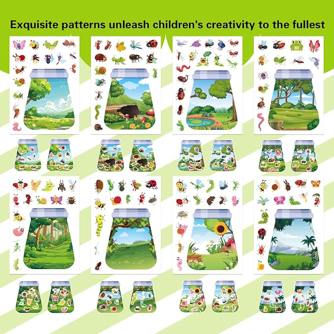24 Sheets Insect & Bugs Jar Scene Stickers, Make Your Own Bug Jar Sticker with Bee/Butterfly/Ladybug, 8 Designs DIY Nature Scene, Spring Summer Craft, School Classroom Party Decoration