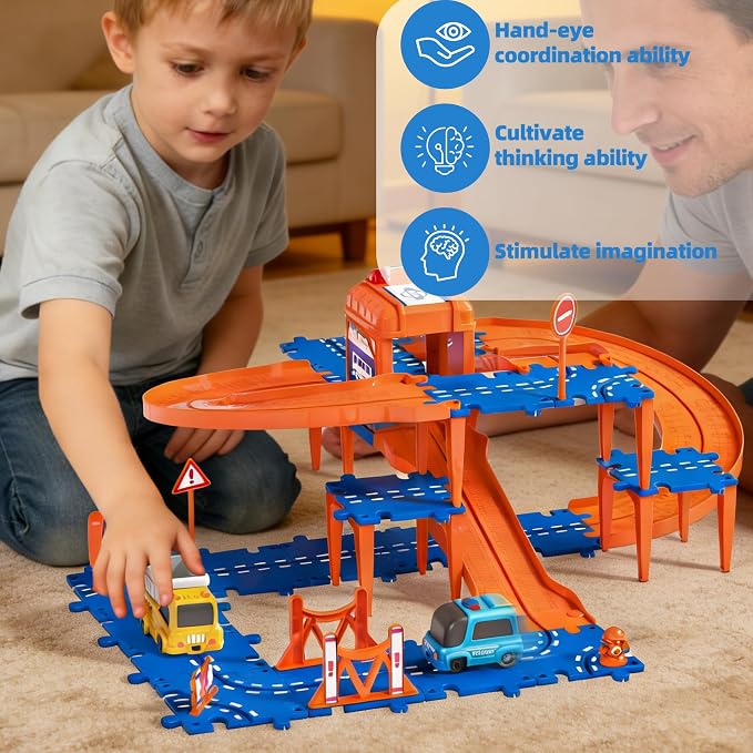 Toddler Puzzles Track Car Track Toys for Kids, Floor Puzzle Race Track with Cars and Road Signs, STEM Building Toys for Toddler Boys Girls 3-5, Birthday Gifts for Toddler Boys & Girls 4-7 Year Old
