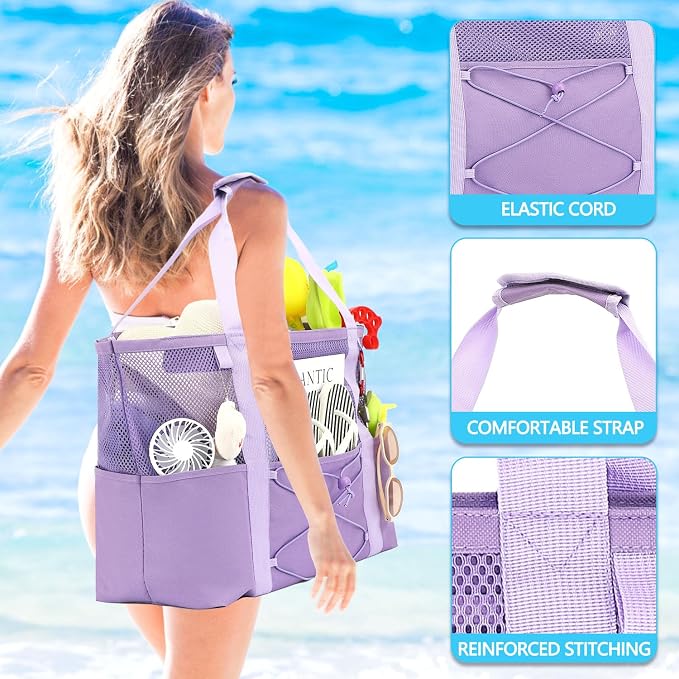 Fammart Mesh Beach Bag for Women, Large Beach Toy Pool Bag with Zipper Pocket, SandProof Cruise Essentials 2026 Family Travel