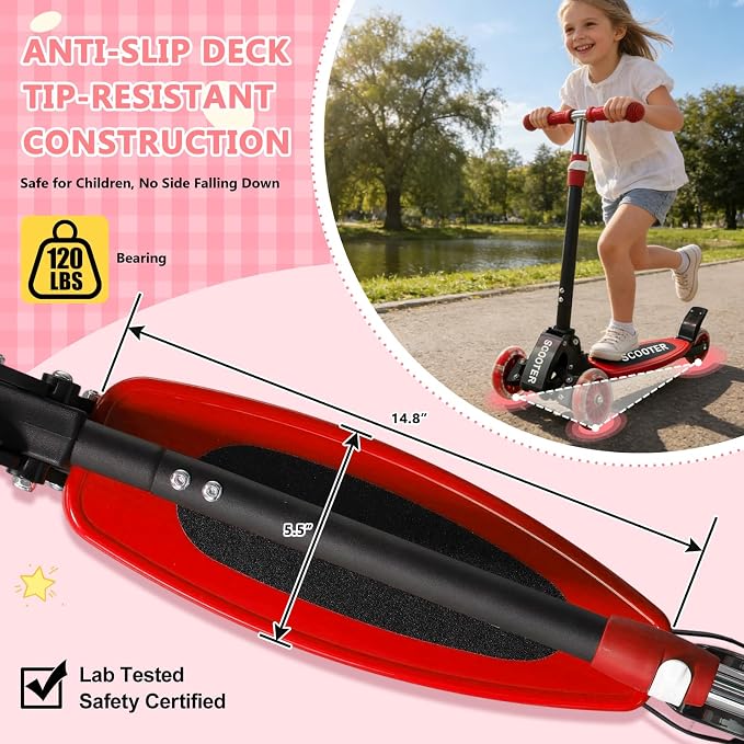 3 Wheel Scooters for Kids 2-5 5-7 Years, 4 Adjustable Heights Foldable Metal Toddler Scooter for Boys Girls Up to 120 lbs, Lean-to-Steer, Dual Rear Brake Widen Anti-Slip Deck