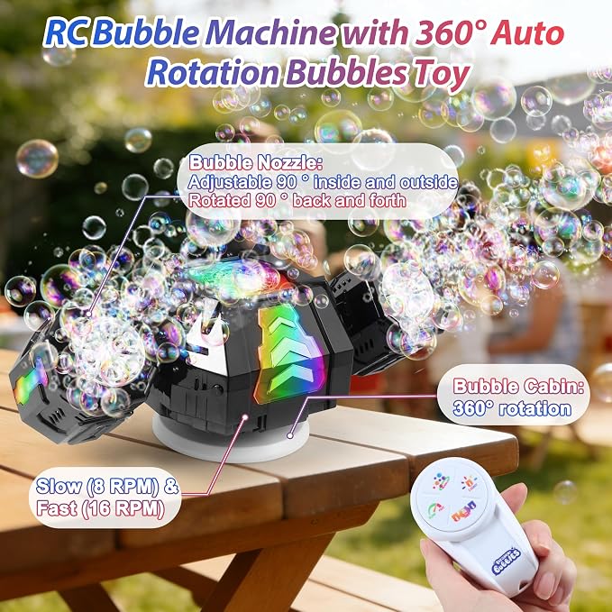 New RC Bubble Machine with RGB Lights, 360° Auto Rotation Bubbles Toy, Rechargeable Battery, Bubble Blower Maker for Kids, Parties, Birthday Gift, Weddings, Indoor Outdoor Activity, Black