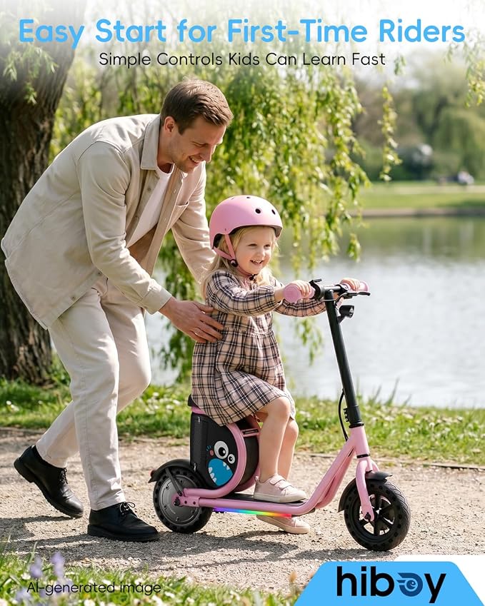 Hiboy JoyHaul Electric Scooter for Kids Ages 4-9, with Seat, UL 2272 Certified, 100W Motor, 5 Miles Range, 9.3 MPH, LED Lights, Under-Seat Storage & Front Brake