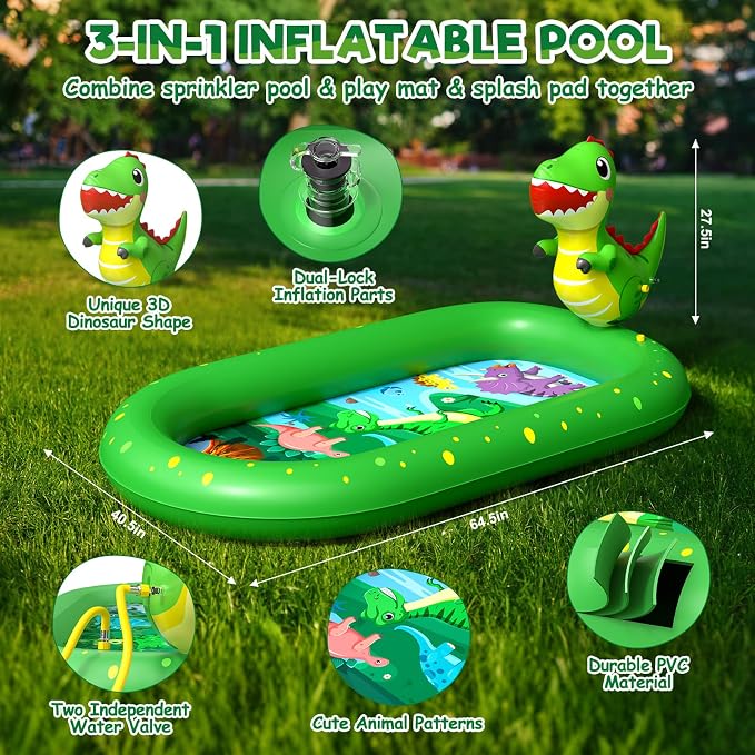 Splash Pad for Toddlers 1-3, Dinosaur Inflatable Sprinkler for Kids, 3-in-1 Baby Splash Pads Outdoor Play Mat, Kids Pool Backyard Summer Water Toys Birthday Gift for 1+ Year Old Girls Boys