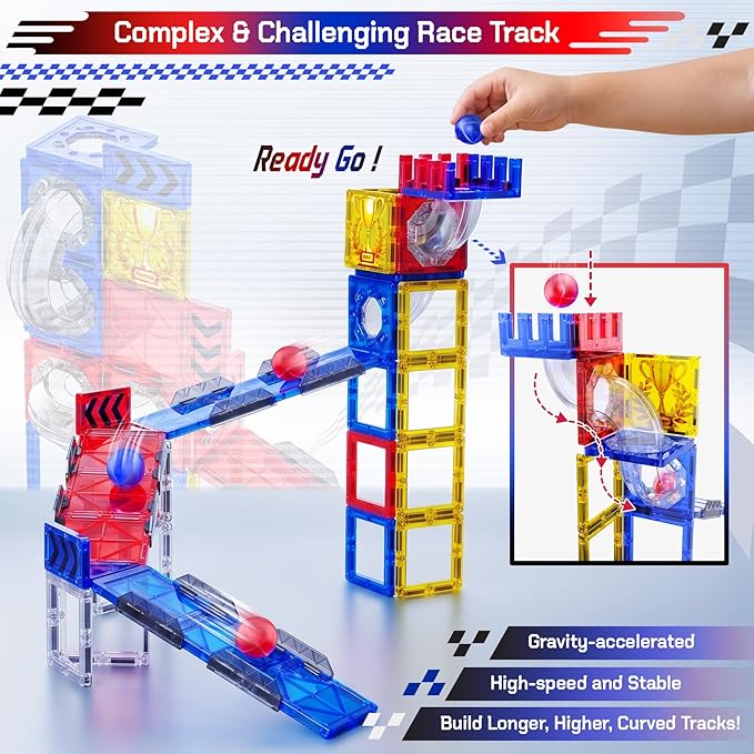 73pcs Magnetic Tiles for Kids Ages 4-8, STEM Magnetic Tiles Race Track & Marble Run, Preschool Magnetic Tile Rails Expansion Set, Creative Magnet Building Blocks for 4+ Year Old Boys Birthday Gifts