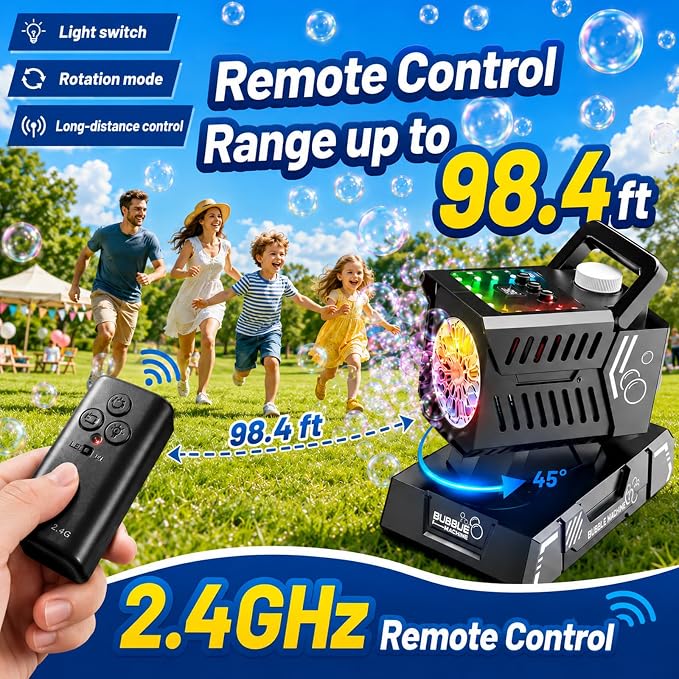 SHCKE Bubble Machine with Remote Control, Auto Rotation & 11 RGB Lights | 1800mAh Rechargeable Battery/USB-C,Top-Fill Portable Bubble Maker for Kids,Outdoor,Birthday Parties,Wedding,Camping,Pool
