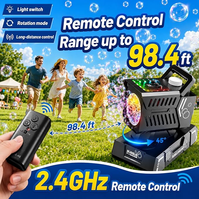 SHCKE Bubble Machine with Remote Control, Auto Rotation & 11 RGB Lights | 1800mAh Rechargeable Battery/USB-C,Top-Fill Portable Bubble Maker for Kids,Outdoor,Birthday Parties,Wedding,Camping,Pool