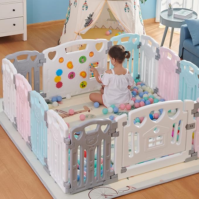 Baby Playpen Kids Activity Centre Safety Play Yard Home Indoor Outdoor New Pen (Multicolour) (White) (Macarons Classic Set 14 Panel)
