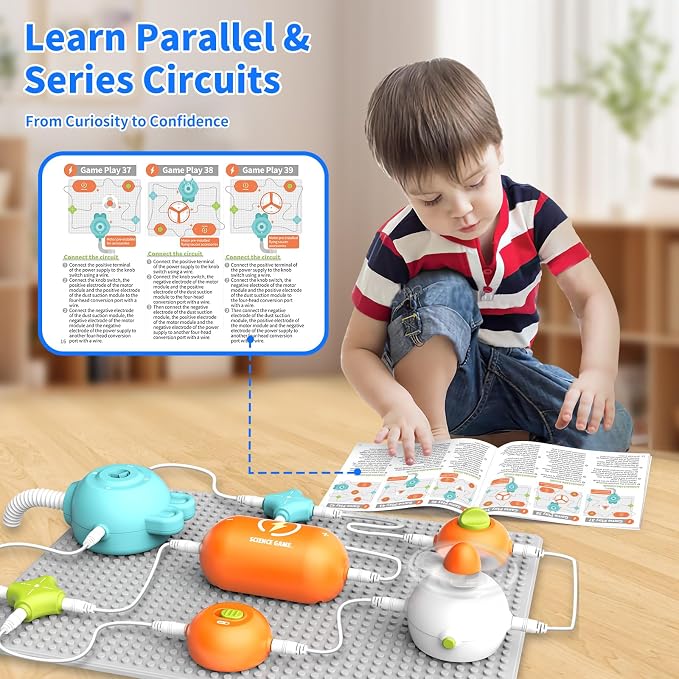 Electronic Circuit Building Blocks STEM Toy, 25PCS Modules with Fan, RGB Light & Flying Disc, 64 DIY Projects, No Soldering Tool-Free Science Kit, Educational Gift for Kids 3-12