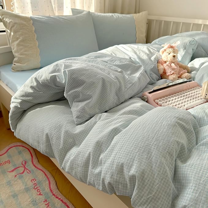 LifeTB Blue Gingham Comforter Set Full Size Romantic Lace Style Checkered Plaid Comforter Set 3 Pieces Blue Grid Bed Comforter with 2 Pillowcases Soft Fluffy Farmhouse Plaid Gingham Bedding Set