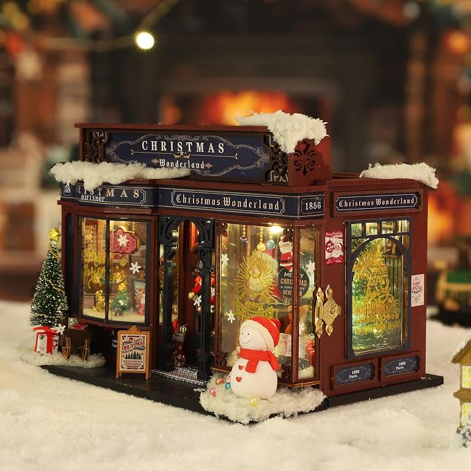 fifijoy Christmas Miniature Dollhouse Kit, DIY Dollhouse Miniature House Kit for Adults, Tiny House Kits Mini Model Building Sets with Music (Christmas Wonderland)