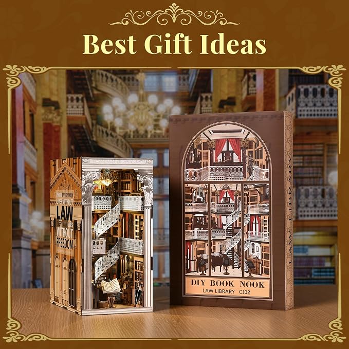 CCCDF Book Nook Kit Library, DIY Miniature House Kit, 3D Wooden Puzzle Dollhouse Kit for Adults and Teens, Bookshelf Booknook with LED Light (Law Library)