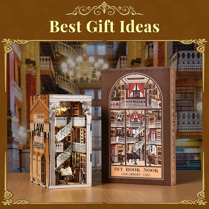 MiniCity DIY Book Nook Kit, Miniature Dollhouse Booknook Kit, 3D Wooden Puzzle Bookend Bookshelf Insert Decor with LED Light for Teens and Adults (Law Library)