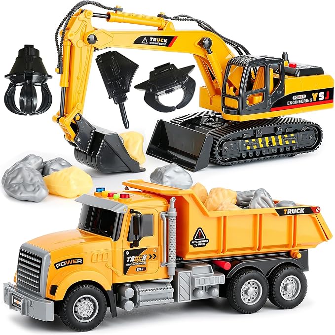 VGY 2 Pack Large Construction Engineering Truck Toys,Excavator Toys for Boys 3-5 Year Old with Moveable Claw,Trucks for Kids Ages 4-8 with Lifting Back Dump Truck,Christmas Birthday Gift for Toddlers