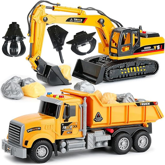 VGY 2 Pack Large Construction Engineering Truck Toys,Excavator Toys for Boys 3-5 Year Old with Moveable Claw,Trucks for Kids Ages 4-8 with Lifting Back Dump Truck,Christmas Birthday Gift for Toddlers