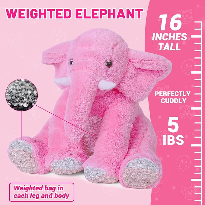 JellyMallow Elephant Weighted Stuffed Animals 5 lbs 16 inches Pink, Large Weighted Elephant Plushie Cuddly Pillow Gift for Kids & Adults
