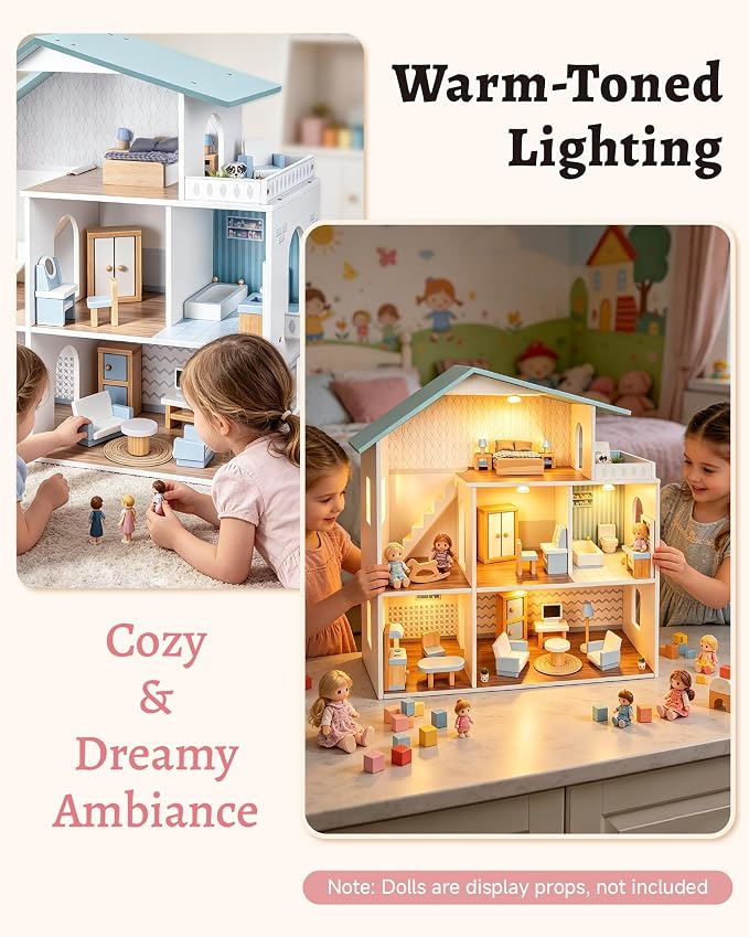Pterying Wooden Dollhouse for Kids - Doll House with 6 Rooms & 29 Mini Furniture Pieces, Miniature House Kit, Easy Assembly, Pretend Play Toy for Boys & Girls Ages 3+, Fits 4-6 Inch Dolls