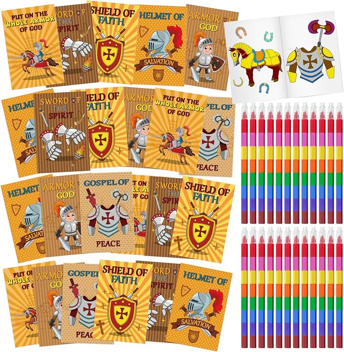 Cinrobiye 24 Armor of God Coloring Book with 24 Stacking Crayons DIY Bulk Bible Christian Party Favors Set for Sunday School VBS Classroom Activities Educational Goody Bags Fillers Travel