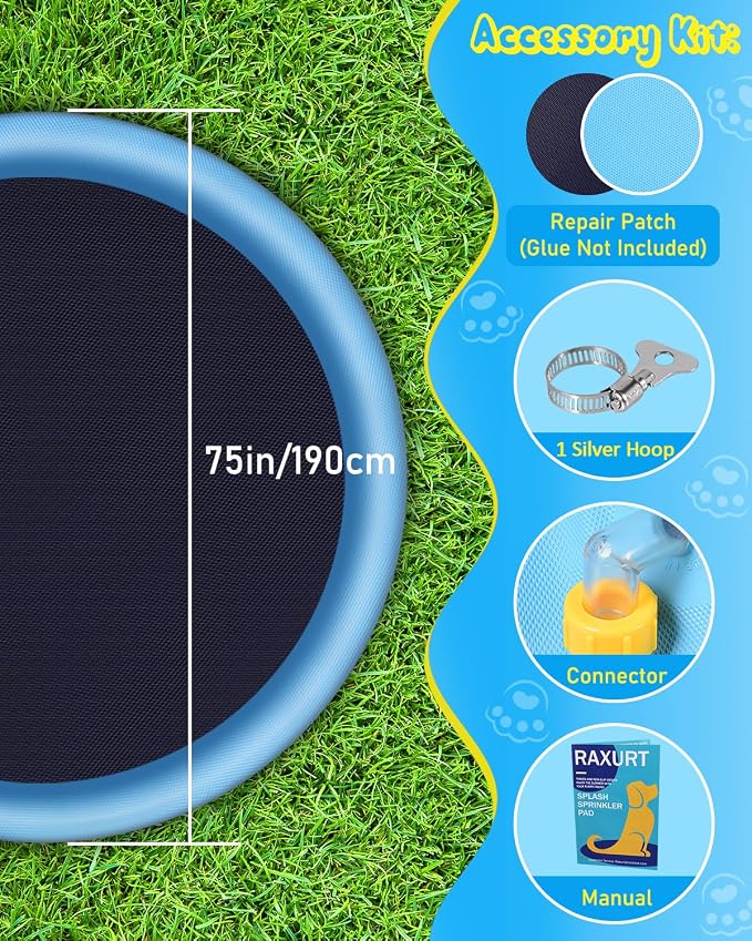 Raxurt Splash Pad, 75in Anti-Slip Splash Pad for Kids Dogs Thickened Durable Bath Pool Pet Summer Outdoor WaterToys Backyard Fountain Play Mat, Blue