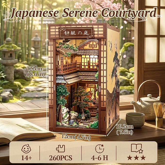 CUTEBEE Book Nook Kit - DIY Miniature House Japanese Zen Diorama Kit, Dollhouse Booknook for Adults, Tiny House Bookshelf Decor 3D Wooden Puzzle Gifts (Serene Courtyard)