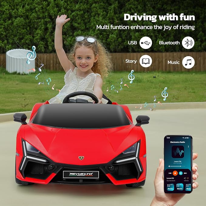 ELEMARA Kids Lamborghini Electric Cars with Scissor Doors, Remote Control Battery Kids Car, 12V Ride On Car for Toddlers with LED Light,Bluetooth,MP3 Player and Wide Seat, Deep Red