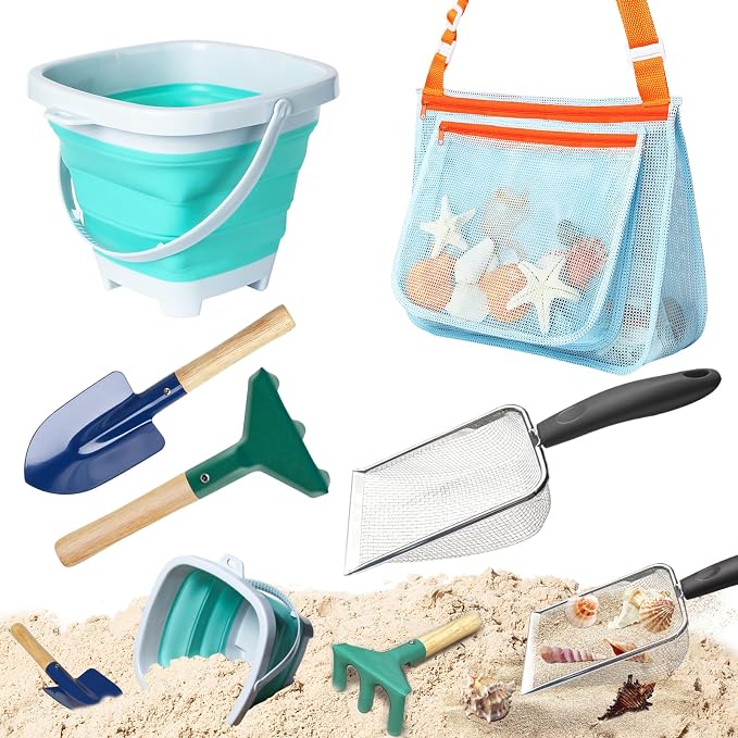 5 Pcs Sand Toys Beach Set Include 1 Metal Shovel,1 Metal Rake,1 Foldable Beach Bucket & 1 Sand Sifter with 1 Mesh Beach Bag for Shells Collecting