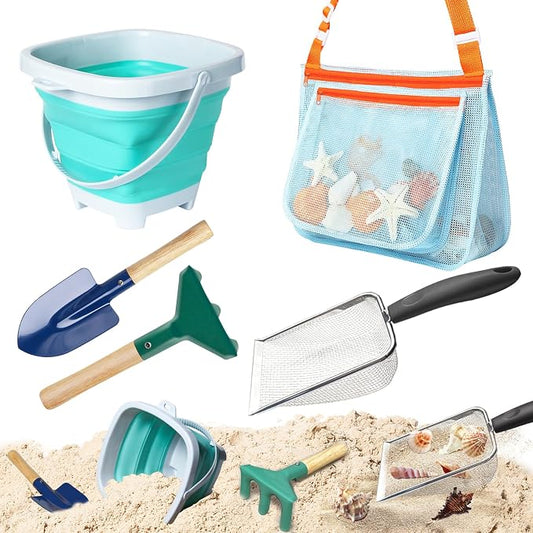 5 Pcs Sand Toys Beach Set Include 1 Metal Shovel,1 Metal Rake,1 Foldable Beach Bucket & 1 Sand Sifter with 1 Mesh Beach Bag for Shells Collecting