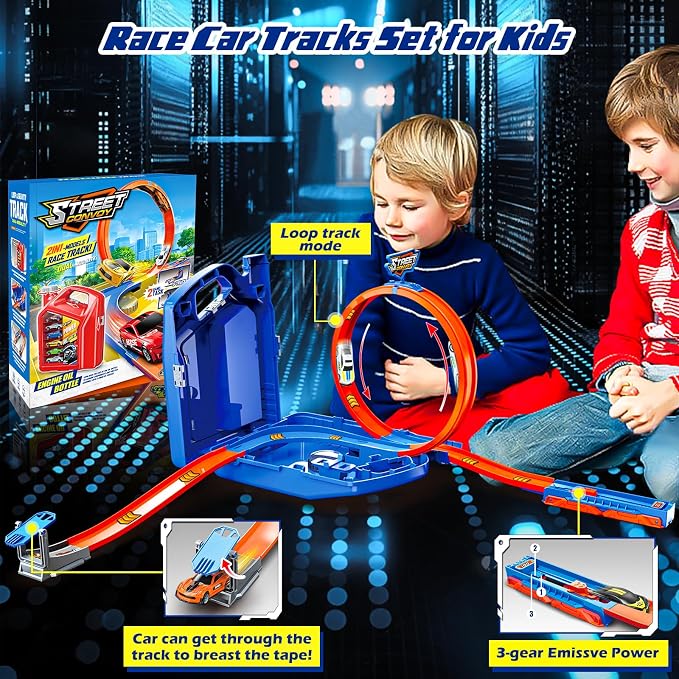 Race Track Toy Car Set with 2 Race Cars,2 in 1 Car Tracks Style with Storage Box,Changeable Tracks Toys Birthday Easter Gifts for Kids 3 4 5 6 7 8+Year Old Boys Girls (Blue)