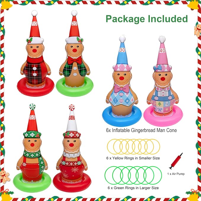 6 Pack Christmas Ring Toss Games, Gingerbread Man Inflatable Ring Toss Game,Christmas Party Games for Kids,Adults,Family,Indoor Outdoor Game Garden Toys Gifts
