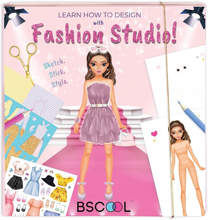 BSCOOL Fashion Studio Dress Up, Drawing, Coloring. Little Designer Creativity Book for Kids 4 and Up with Stickers, Stencils, Textures - Creative Fashion Design Sketchbook for Girls.