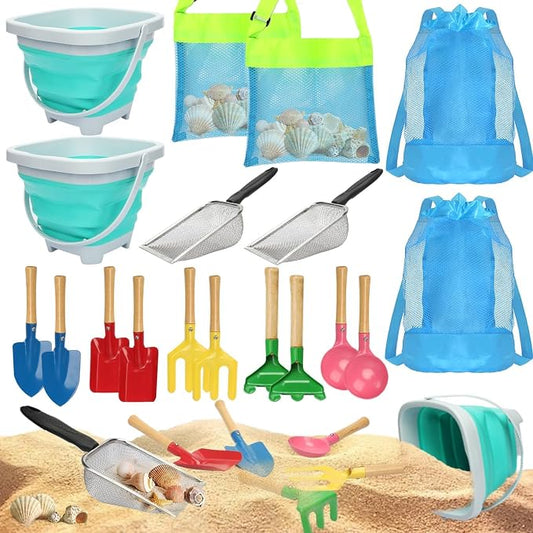 Mototo 18 PCS Collapsible Sand Toys, Kids Beach Sand Toy Sifter Set Shark Tooth Sifter Beach Mesh Shovel with Shell Bags Collapsible Bucket Kids Garden Tools for Shells Sandbox Collecting Shark Tooth