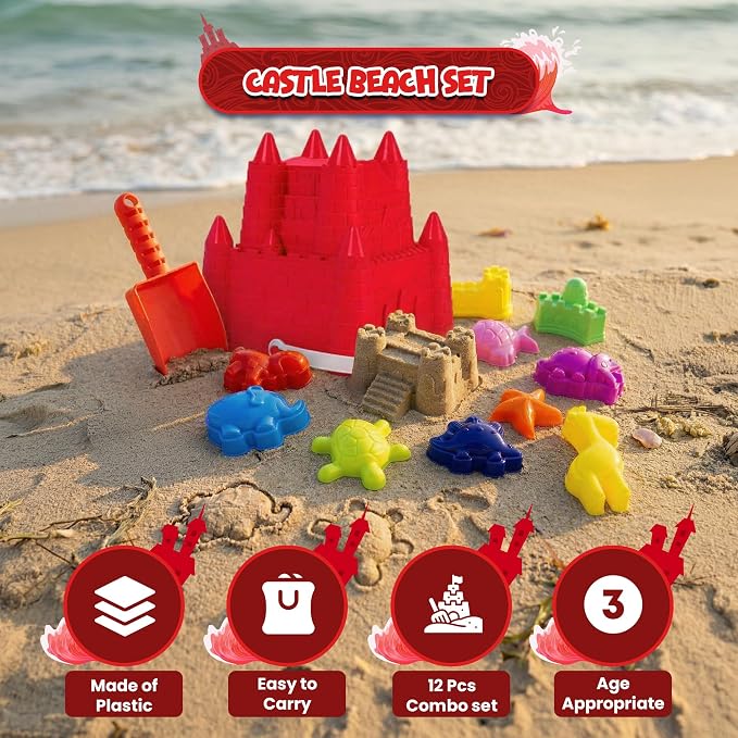 4E's Novelty Beach Toys for Kids with Bag, 12 Pcs Set Sand Castle Beach Bucket with Shovel & Large Molds - Beach Toys for Kids 3-10, Sand Toys for Toddlers with Mesh Beach Bag