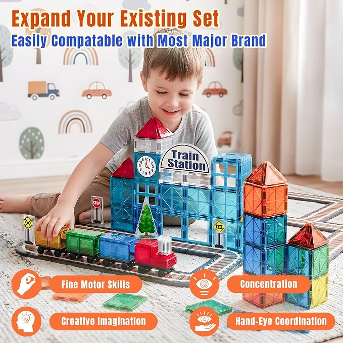 SKTMYY Train Toy Magnetic Tiles for Kids Ages 4-8 with Train Station Tracks | Magnet Building Blocks with Cars Signal Preschool Classroom STEM Montessori Toys Birthday Gifts for Boys Girls Toddler 3-5
